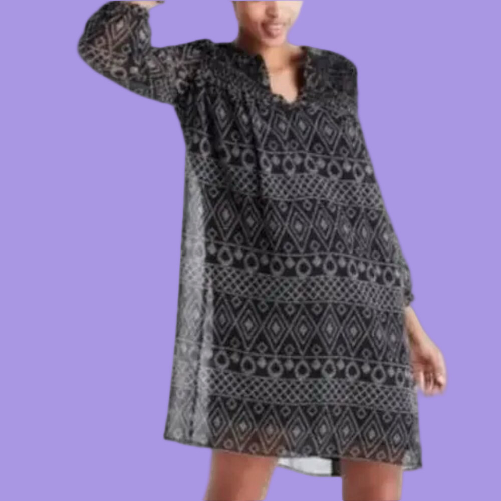 Madewell Caravan Print Black Smocked Tunic Dress